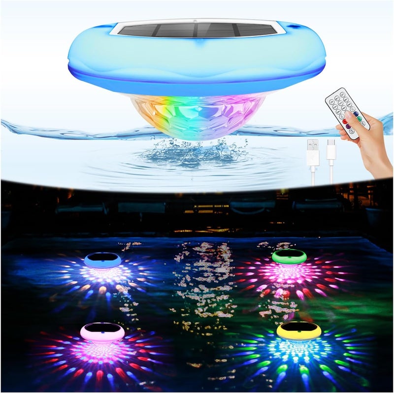 QOLNBY Solar Pool Lights, USB Rechargeable Floating Pool Lights, 6.69 Inch IP68 Waterproof 6 Dynamic Modes Upper and Lower Color Changing 2600mAh Hangable Floating Light with Remote for Garden 4 Pack - Image 1